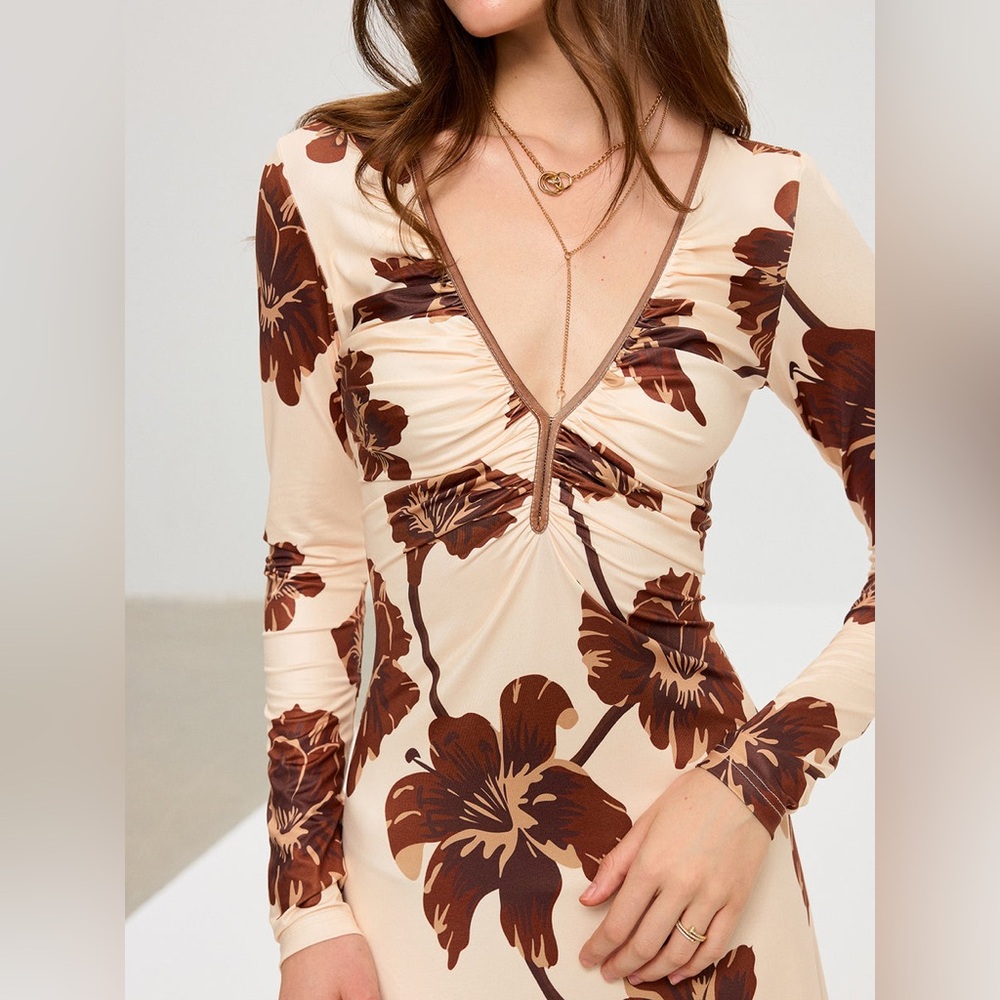 Nwt Commense Floral v neck maxi Long Sleeve Dress - Cream and Brown - Picture 3 of 16